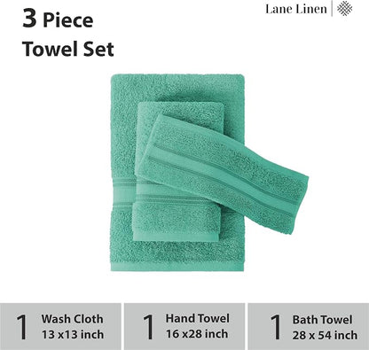 LANE LINEN Towel Set Quick Dry 100% Cotton 3 Piece Soft Absorbent - Teal | Cotton Towels For Bathroom - Zero-Twist Durability, Zero-Twist Cotton, Terry Weave Comfort, Long-Lasting Comfort