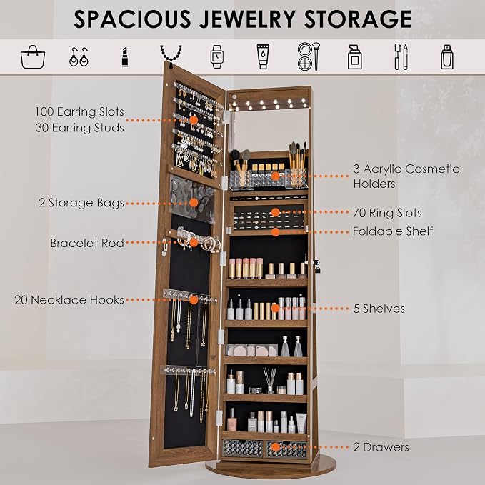 Zamildon's 360° Swivel Jewelry Mirror Cabinet, Lockable Standing Jewelry Armoire with Full Length Mirror, Storage Shelves, Built-in Makeup Mirror (Rustic Brown)