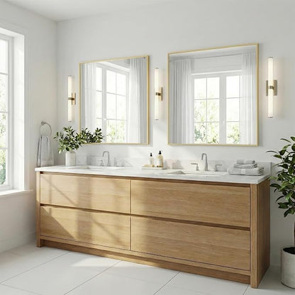 36"x36" Satin Gold Framed Square Bathroom Vanity Wall Mirror | Accent Wall Mirror, Square Geometric Look, Slim Metal Frame, Living Room or Entryway, Keyhole Mount, Tempered Glass