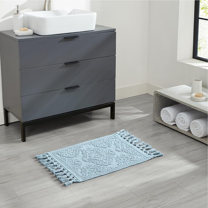 Jean Pierre - Ricardo Bath Mat, Woven Fringe Bathroom Rugs, 100% Cotton, Premium Bathroom Decor - Measures 27" x 52" - Light Blue