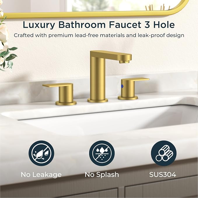 FORIOUS Bathroom Faucet 3 Hole 8 Inch Widespread for Vanity Brushed Gold | Two Handles Bathroom Sink Faucet with Pop-up Drain and cUPC Lines, Fits 6-12 Inch 3 Hole Install, for RV Laundry and Basin