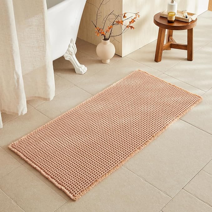 TYUU Waffle Bath Mat, Boho Bathroom Rugs Non Slip, 48x24 Light Peach | Super Absorbent Quick Dry Bath Rug, Non-Slip Backing, Soft Waffle Washable Farmhouse Bathroom Mats, Tub, Shower & Home Decor