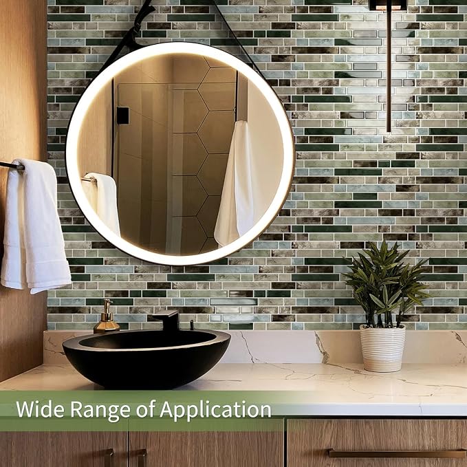 10 Sheets Thick Peel and Stick Kitchen Backsplash Tiles | 3D Waterproof Self Adhesive Wall Tile Stick on Backsplash for Kitchen,Bathroom and Fireplace(Mixed Green,12"×12")