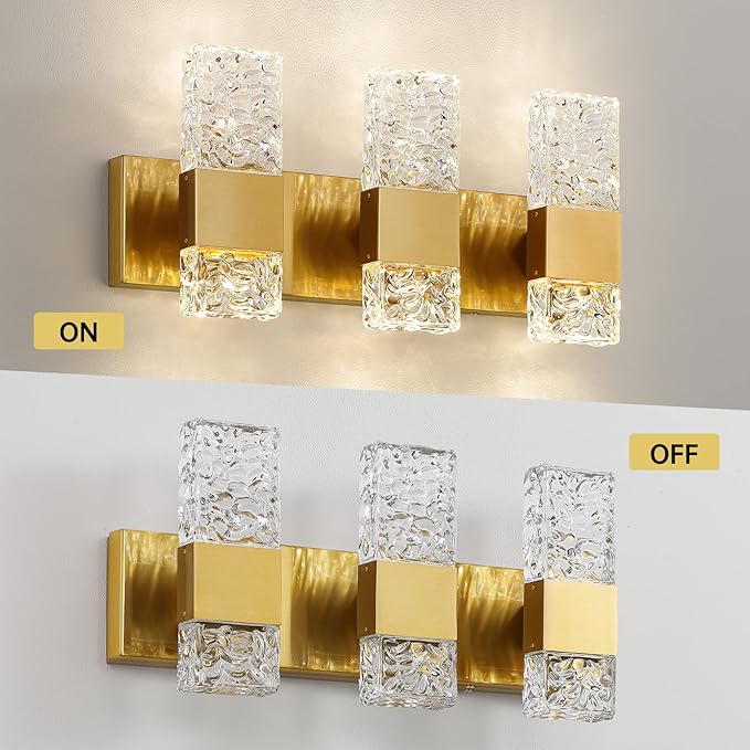 Gold Bathroom Vanity Light Fixtures Bathroom Light Fixtures Over Mirror 3-Light 4000K LED Crystal Wall Sconces Modern 30W Brushed Hardwired Wall Lights for Bathroom Bedroom Living Room