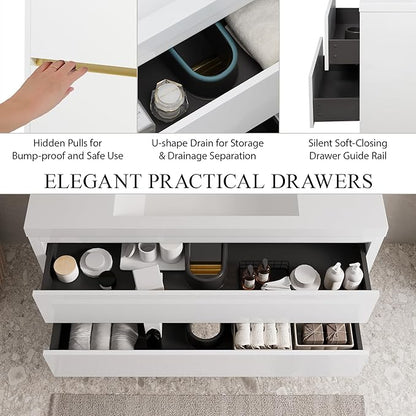 Modern 48" Wall-Mounted Bathroom Vanity with Sink | Floating Storage Cabinet, Stone Resin Countertop, Soft Close Drawers | Glossy White