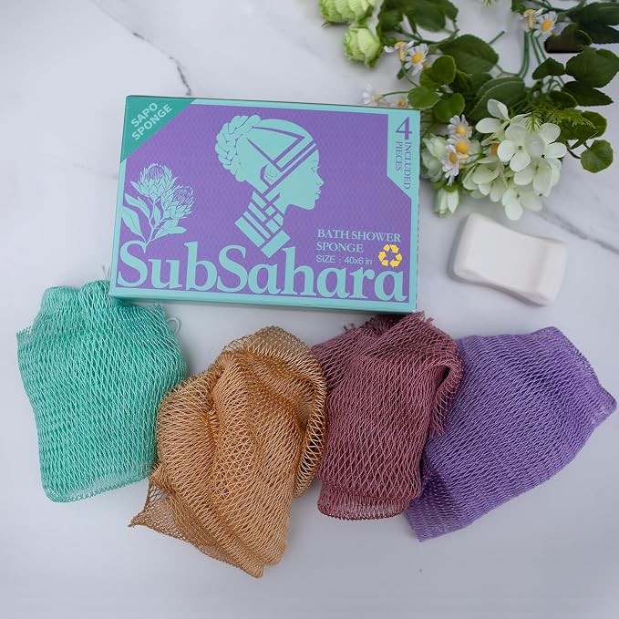 Authentic African Net Sponge, 4 Pack 45-Inch Exfoliating Bath Sponge and Shower Loofah for Body and Back, Colorfast Quick-Dry Knotted Mesh Scrubber with Travel Pouch