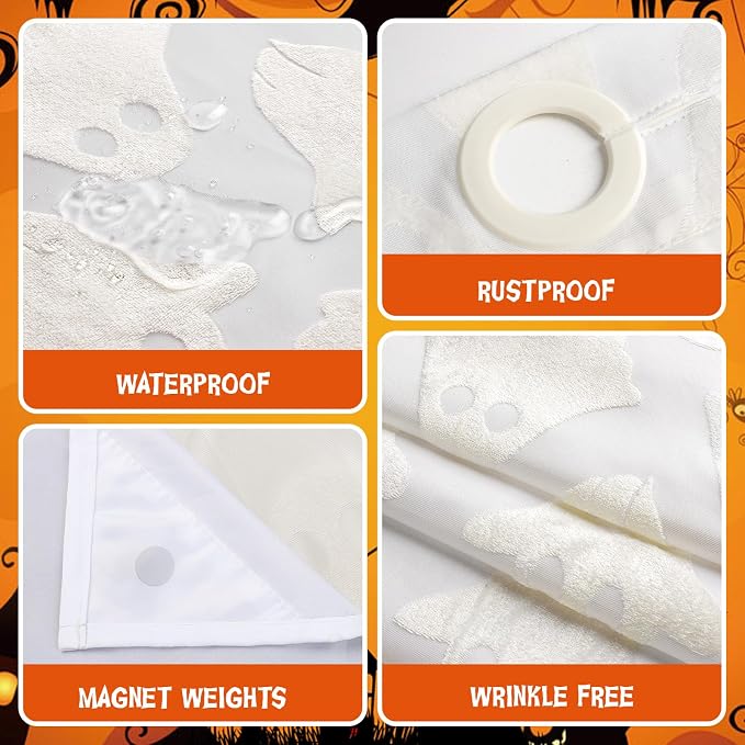 FADOTY No Hook Shower Curtain Set with Snap in Liner, Ghost, 71'' x 74'' | Bathroom Hotel Fabric Curtain, Waterproof Washable Liner, See Through Top Window, Ringless Ghost Tufted Cloth Curtain