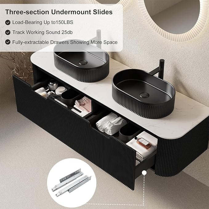 60" Floating Bathroom Vanity with Double Sink, Modern Wall-Mounted Bathroom Vanities with Marble Countertop and Oval Ceramic Sink, Soft-Close Design, Natural Solid Wood Cabinet, Pre-Assembled, Black