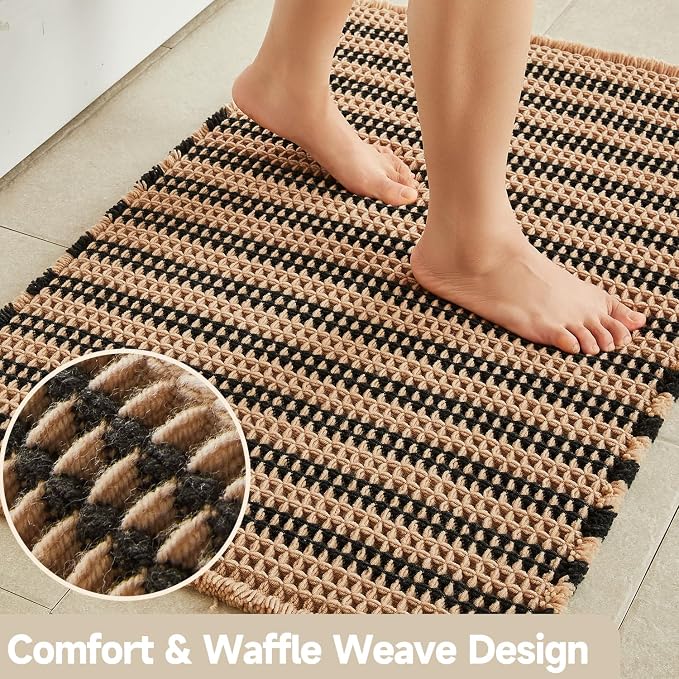 TYUU Waffle Runner Rug Bathroom, Long Boho Bath Mat, 72x24 Black & Khaki | Super Absorbent Quick Dry Bath Rug, Non-Slip Backing, Soft Waffle Washable Farmhouse Bathroom Mats, Tub, Shower & Home Decor