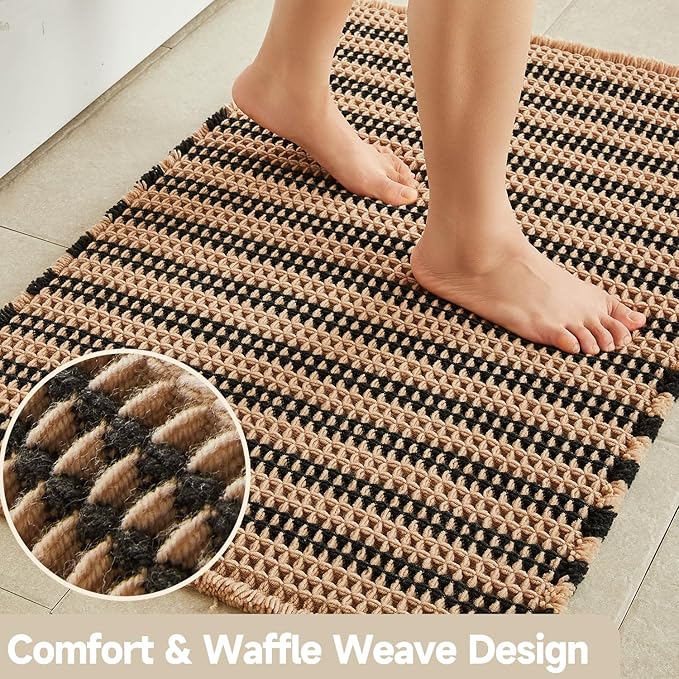 TYUU Waffle Bath Mat, Small Boho Bathroom Rugs Non Slip 24x16 Black & Khaki | Super Absorbent Quick Dry Bath Rug, Non-Slip Backing, Soft Waffle Washable Farmhouse Bathroom Mats, Tub, Shower & Home Decor