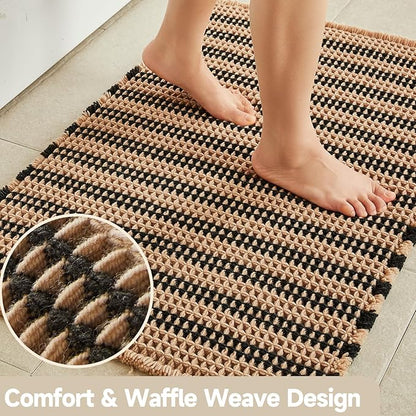 TYUU Waffle Bath Mat, Small Boho Bathroom Rugs Non Slip 24x16 Black & Khaki | Super Absorbent Quick Dry Bath Rug, Non-Slip Backing, Soft Waffle Washable Farmhouse Bathroom Mats, Tub, Shower & Home Decor