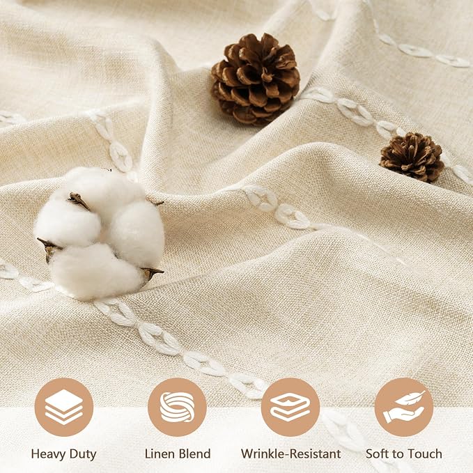 Seenus Boho Farmhouse Shower Curtain and Fabric Liner Set, Heavyweight Linen Textured Fabric Shower Curtain Beige with Tassels, 2 in 1 Waterproof Fabric Shower Curtain Set for Bathroom, 72x72 Inch