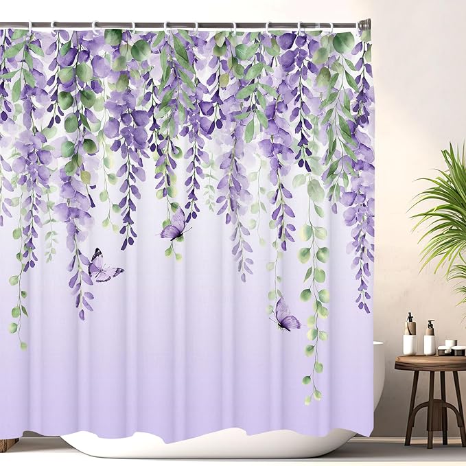 Purple Flower Shower Curtain, Lavender Vines Butterfly Shower Curtains for Bathroom, Farmhouse Bathtub Curtain Set, Lilac Floral Fabric Shower Curtains with 12 Hooks, 72X72 Inches