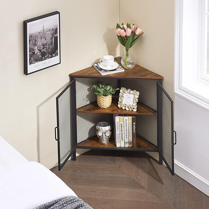 VECELO Corner Cabinet/Table, 3-Tier Shelves with Protection Door, Metal Frame Storage Shelf Organizer for Small Space, Living Room, Kitchen, Bathroom