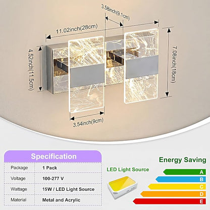 Modern LED Bathroom Light Fixtures Dimmable 2-Light Chrome Vanity Light | 5CCT Adjustable Lighting, Smoked Acrylic LED Vanity Lights, Wall Sconces for Bathroom, Dimmable 6000K