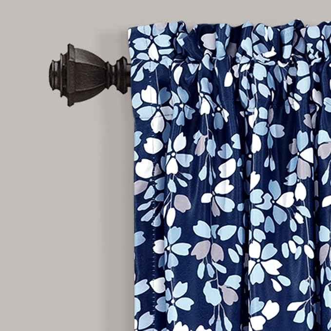 Lush Decor Weeping Flower Light Filtering Window Curtain Panels, Pair, 52" W x 63" L + 2" Header, Navy - Charming Modern Floral Curtains for Living Room, Dining Room, & Bedroom (Pack of 8)