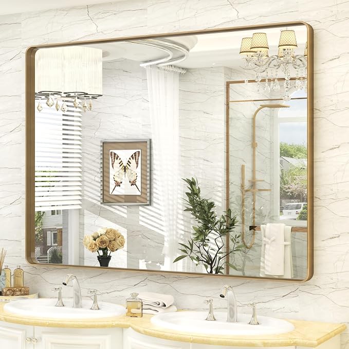 48x40 Inch Brushed Gold Bathroom Vanity Mirror | Metal Gold Frame, Rounded Rectangle Mirror for Wall, Shatterproof, Anti-Rust, Hangs Horizontally or Vertically