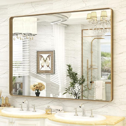 48x40 Inch Brushed Gold Bathroom Vanity Mirror | Metal Gold Frame, Rounded Rectangle Mirror for Wall, Shatterproof, Anti-Rust, Hangs Horizontally or Vertically