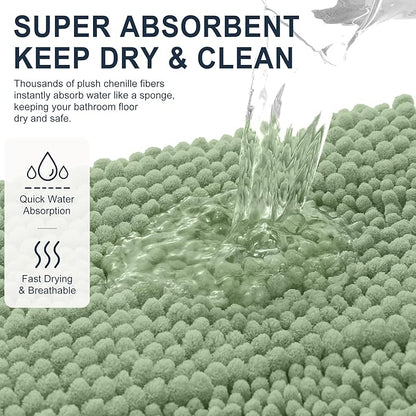 Smiry Thick Chenille Large Bathroom Runner Rugs 59x35, Bath Mat, Sage Green | Quick‑Dry & Machine Washable, Non‑Slip Bath Carpet, Soft Striped Bath Rugs for Tub & Shower, Modern Home Decor Accessories
