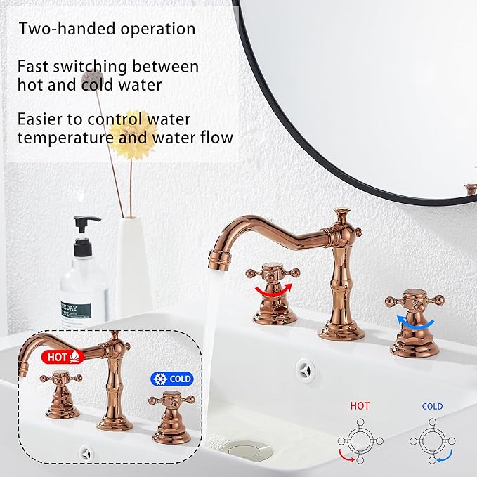 GGStudy 8-16 inch Two Handles 3 Holes Widespread Bathroom Sink Faucet Copper Basin Mixer Tap Faucet Matching Metal Pop Up Drain with Overflow