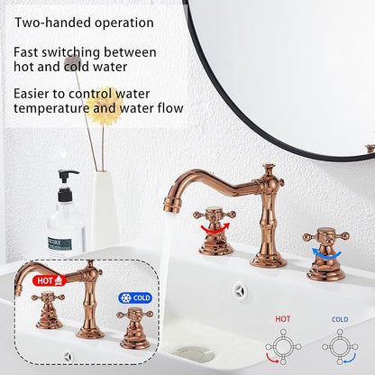 GGStudy 8-16 inch Two Handles 3 Holes Widespread Bathroom Sink Faucet Copper Basin Mixer Tap Faucet Matching Metal Pop Up Drain with Overflow
