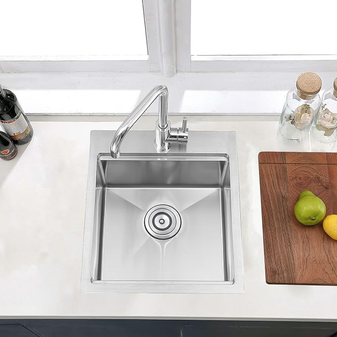 COMLLEN 17x19 Inch Drop in Bar Sink Brushed Nickel | cutting board, 304, 16 gauge, 9-inch deep, grid drain, workstation, outdoor, RV, laundry, kitchen