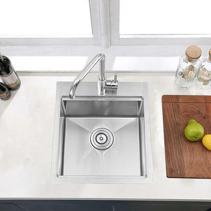 COMLLEN 17x19 Inch Drop in Bar Sink Brushed Nickel | cutting board, 304, 16 gauge, 9-inch deep, grid drain, workstation, outdoor, RV, laundry, kitchen
