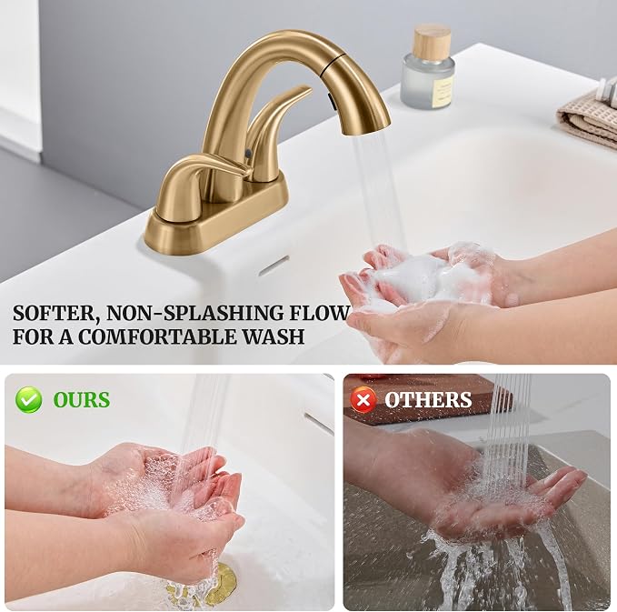 Bathroom Faucet with Sprayer, 4 Inch Champagne Bronze with Pop Up Drain | Ultimate Unicorn Centerset Pull Down Vanity Faucets 3 Hole- Two Handle Modern Washbasin Tap Set for Rv Lavatory Restroom