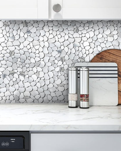 Metal Pebble Mosaic Tiles, 5 Sheets Stainless Steel Backsplash Tile Mesh Mounted, Silver Metal Tile for Kitchen Bath Backsplash Shower Floor
