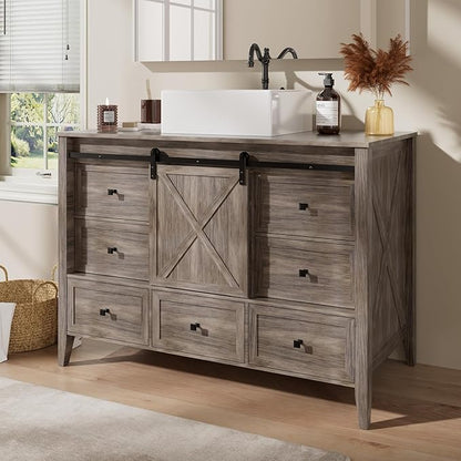 VNN Bathroom Vanity with Sink - 48 Inch Bathroom Vanity with Sink Ceramic, Freestanding Cabinet with Farmhouse Sliding Barn Door and 7 Drawers, Space-Saving Storage Cabinet, Wood Grain Texture, Grey
