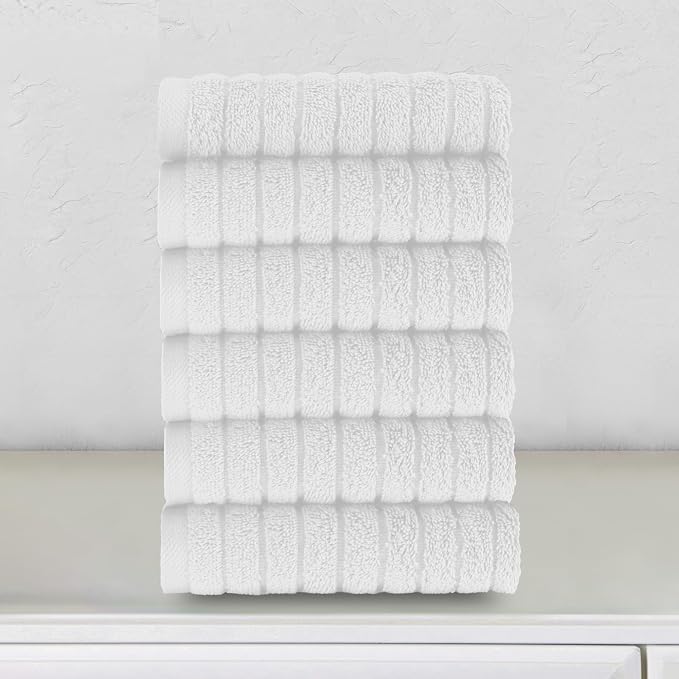 Elegant Comfort 100% Turkish Cotton Corduroy Ribbed Luxury Washcloths 6 Pack Soft 13 x 13 Inch - Higly Absorbent, Durable, Quick Dry, Spa Premium Hotel Quality for Bathroom or Travel, White