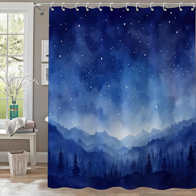 120GSM Starry Sky Waterproof Shower Curtain Set with 12PCS Hooks, Bathroom Shower Curtain Sets,Minimalist Watercolor Bathroom Décor,Washable Fabric Shower Curtain Blue, 72 x 72 Inch (8-Starry Sky)