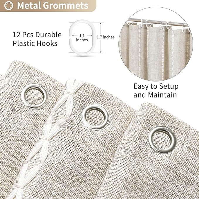 MitoVilla Boho Tassel Linen Shower Curtain,3D Embroidery Stripe Cream,72x84 | Extra Long Xl,310GSM Linen Texture Heavy Duty Cloth,Water Repellent,Wrinkle Resistant,Vintage Rustic Farmhouse Country