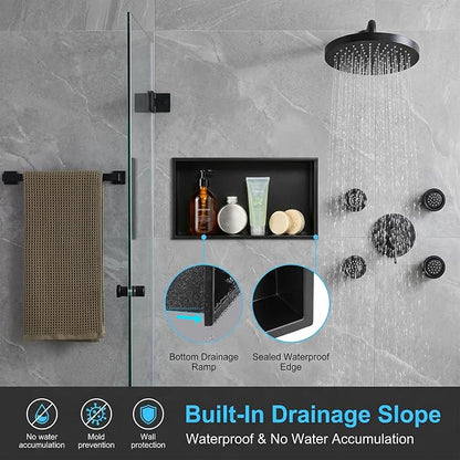 304 Stainless Steel Shower Niche 24" x 12" for Bathroom Storage | Waterproof Matte Black Recessed Shower Niche No Tile Needed