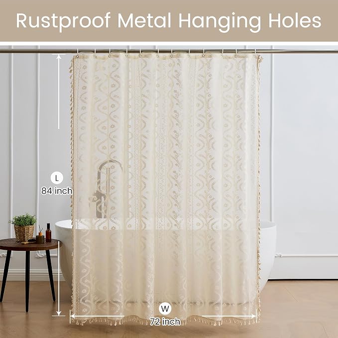 WAZZIO Vintage Lace Shower Curtain for Bathroom 72" W x 84" L, Victorian Farmhouse Floral Pattern Tassel Fancy Shower Curtain Boho Washable Cloth Decorative Bath Curtains,1 Panel
