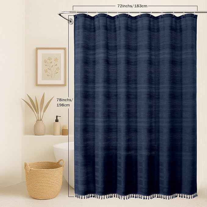 Navy Blue Shower Curtain 78 Inch Long, Boho Farmhouse Thick Linen Textured Fabric Shower Curtain with Tassel, Minimalist Striped Weighted Machine Washable Bathroom Decor, 72Wx78L Inches