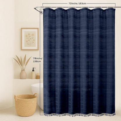 Navy Blue Shower Curtain 78 Inch Long, Boho Farmhouse Thick Linen Textured Fabric Shower Curtain with Tassel, Minimalist Striped Weighted Machine Washable Bathroom Decor, 72Wx78L Inches