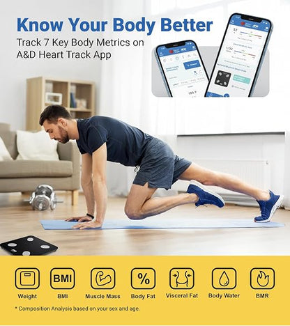 A&D Medical Smart Scale for Body Weight - UC-450BLE - Bluetooth Body Fat Scale with BMI, Body Composition, Digital Bathroom Scale, Tracks 7 Biometrics, Syncs with A&D App - 397lb