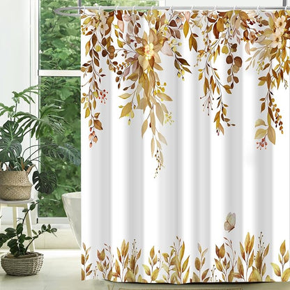 Brown Floral Eucalyptus Shower Curtain with Hooks, 72x72 Inch | Waterproof Fabric, Watercolor Leaves and Floral, Botanical Style, Machine Washable, Quick-Drying, for Hotel Bathroom