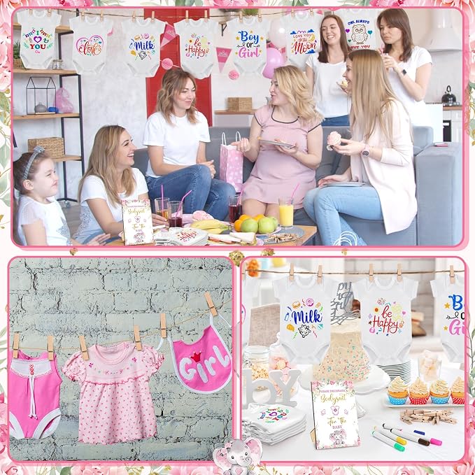 Panitay 126 Pcs Baby Shower DIY Bodysuit Set Bib 25 Blank White Newborn Bodysuit 25 Stencils 24 Marker 1 Sign 50 Pins(Pink Elephant)