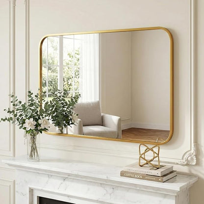 30x36 Inch Antique Gold Rounded Rectangle Bathroom Vanity Mirror | For Over-Sink Bathrooms, Powder-Coated Iron Frame, Layered Shadow Box Look, Two-Way Mount, Protective Packaging