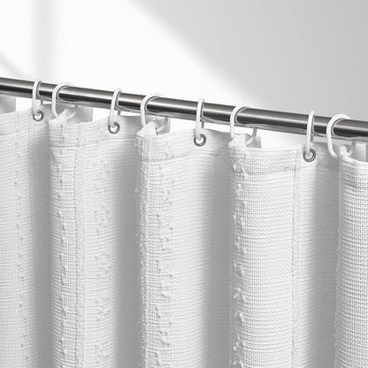 Extra Long White Shower Curtain Boho, 72 x 84 Cotton Blend Waffle Weave Stripe Textured Heavy Duty, Fabric Shower Curtain for Bathroom, Hotel, Washable