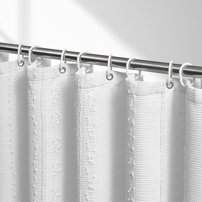Extra Long White Shower Curtain Boho, 72 x 90 Cotton Blend Waffle Weave Stripe Textured Heavy Duty, Fabric Shower Curtain for Bathroom, Hotel, Washable
