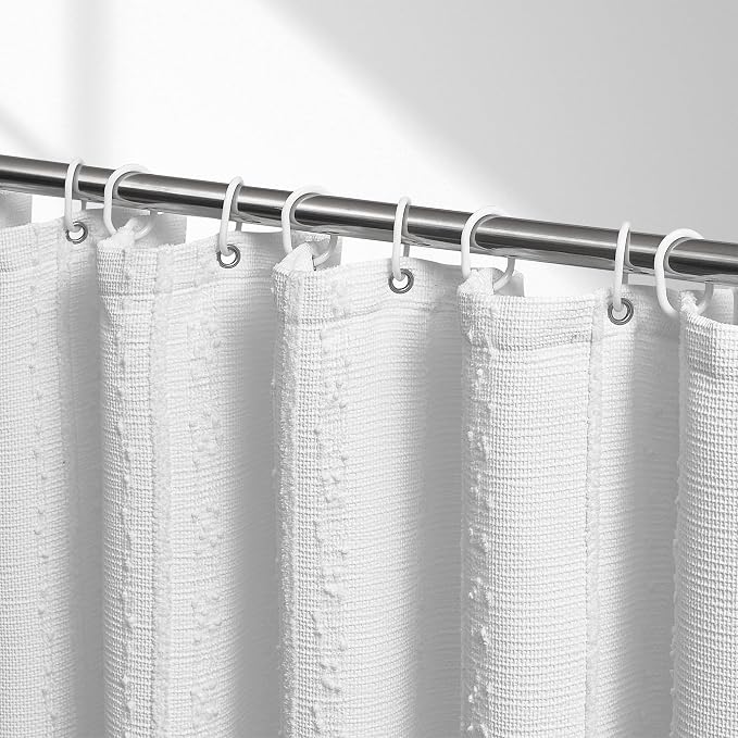 White Shower Curtain Boho, Textured Shower Curtain Cotton Blend Waffle Weave Stripe Fabric Shower Curtains for Bathroom, Hotel, Washable, 72 x 72