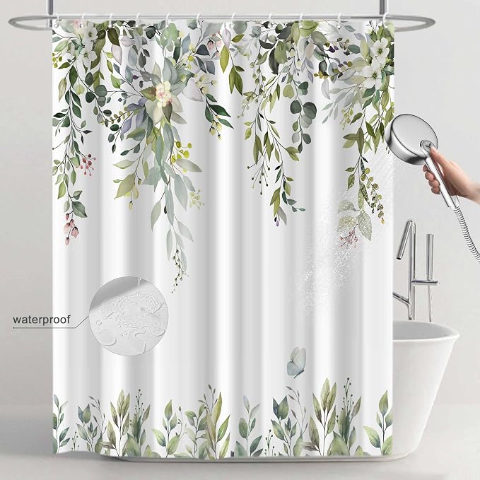 Green Floral Eucalyptus Shower Curtain with Hooks, 72x78 Inch | Waterproof Fabric, Watercolor Leaves and Floral, Botanical Style, Machine Washable, Quick-Drying, for Hotel Bathroom