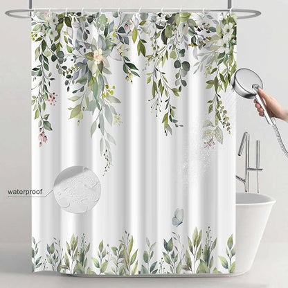 Green Floral Eucalyptus Shower Curtain with Hooks, 72x78 Inch | Waterproof Fabric, Watercolor Leaves and Floral, Botanical Style, Machine Washable, Quick-Drying, for Hotel Bathroom