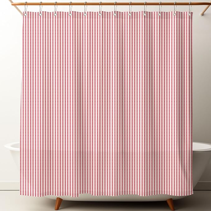 Stripe Cotton Toile Shower Curtain Ticking Stripe Woven Print Curtain Bathroom Decor for Traditional and Contemporary Style Kitchen Bath Home (Red and White,72 x 72 Inches)