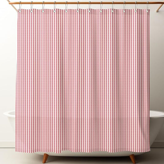 Stripe Cotton Toile Shower Curtain Ticking Stripe Woven Print Curtain Bathroom Decor for Traditional and Contemporary Style Kitchen Bath Home (Red and White,72 x 72 Inches)