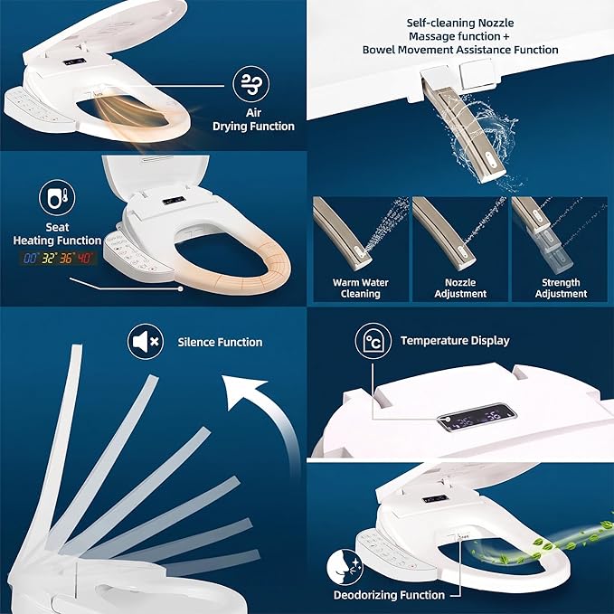 Smart Heated Toilet Seat for Elongated V-Shaped Toilets – Bidet Warm Water Wash, Self-Cleaning Nozzle, Warm Air Dryer, Deodorizer, Soft-Close Lid, LED Night Light & Touch Panel, Easy Install