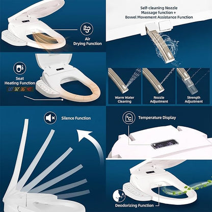 Smart Heated Toilet Seat for Elongated V-Shaped Toilets – Bidet Warm Water Wash, Self-Cleaning Nozzle, Warm Air Dryer, Deodorizer, Soft-Close Lid, LED Night Light & Touch Panel, Easy Install